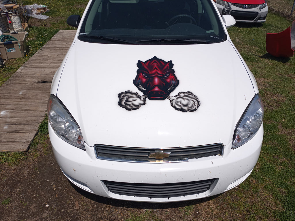 Airbrushed razorbacks logo on car hood